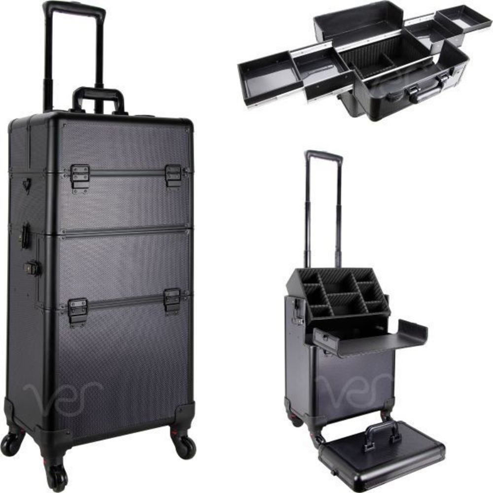 Black Dot Rolling Aluminum Makeup Case Cosmetics Organizer Easy-Slide Trays
